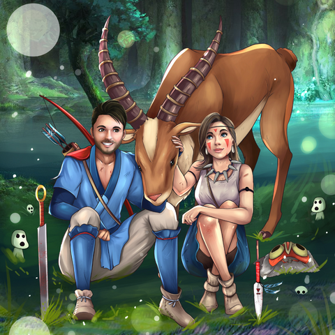 PURE LOVE AND HAPPINESS - PRINCESS MONONOKE COUPLE DRAWING , Ashitaka, Cartoon Custom Drawing, Princess Mononoke, product:turn-me-other