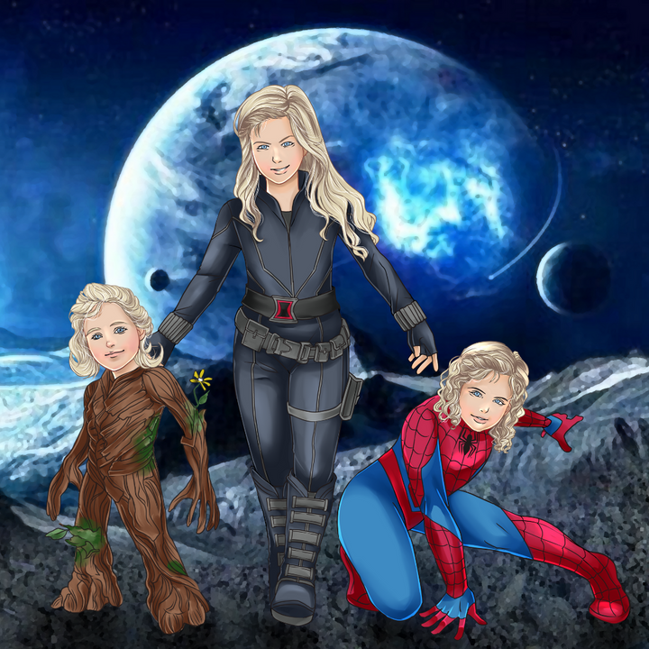 A SUPERHERO FAMILY - MARVEL CUSTOM DRAWING , Black Widow, Groot, Marvel Custom Anime Portrait, Marvel Custom Drawing, Marvel Hero, product:turn-me-marvel-hero, Spiderman