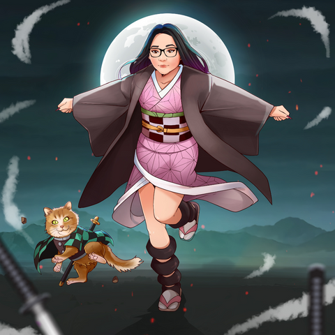 A DEMON SISTER AND A CAT - DEMON SLAYER CUSTOM DRAWING , Demon Slayer, Demon Slayer Custom Drawing, Nezuko, product:turn-me-demon-slayer