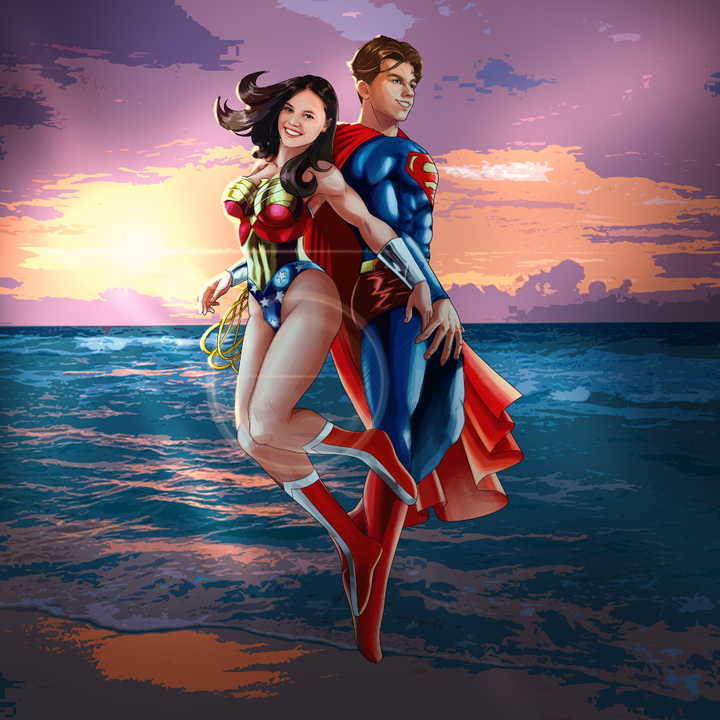 THE UNSTOPPABLE COUPLE - DC HEROES CUSTOM DRAWING , DC Couple portrait, DC Custom Anime Portrait, DC Custom Drawing, DC hero, product:turn-me-dc-hero, Superman, Wonder Woman