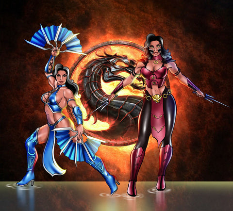 Controlling The Game - Mortal Kombat Portrait Illustration , Controlling The Game, Kitana, Mileena, Mortal Kombat, Mortal Kombat Portrait Illustration, product:turn-me-other