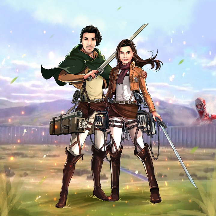 LOVE IN THE TITAN WAR - ATTACK ON TITAN COUPLE CUSTOM DRAWING , Attack on Titan, Attack on Titan Custom Anime Portrait, Attack on Titan Custom Drawing, Eren, Eren Jaeger, Mikasa, Mikasa Ackerman, product:turn-me-attack-on-titan