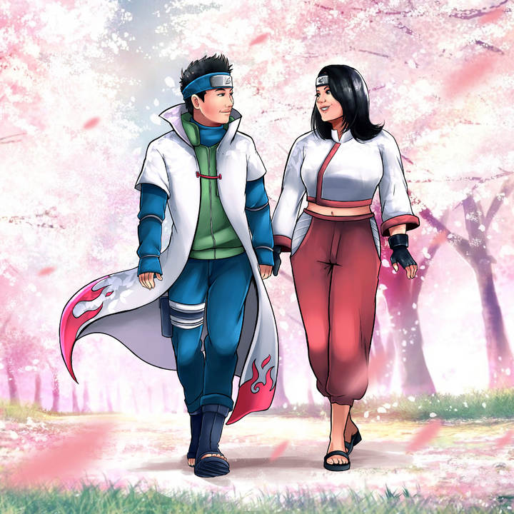 WALKING IN THE SAKURA PARK - NARUTO COUPLE CUSTOM DRAWING , Minato, naruto, Naruto Couple Custom Drawing, Naruto Couple portrait, ninja couple, product:turn-me-ninja, Ten Ten