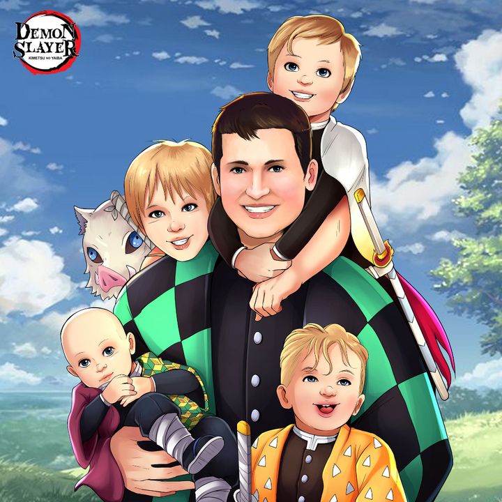 A DEMON SLAYER FAMILY - DEMON SLAYER CUSTOM DRAWING , Demon Slayer, Demon Slayer Custom Drawing, Inosuke, product:turn-me-demon-slayer, Rengoku, Tanjiro, Zenitsu