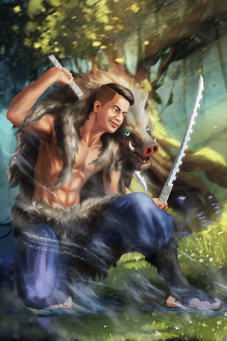 Creating Hell - Demon Slayer - Kimetsu no Yaiba Portrait Illustration , Creating Hell, Demon Slayer, Inosuke, Kimetsu no Yaiba Portrait Illustration, product:turn-me-other-gold