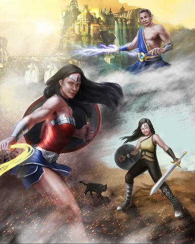 ACCEPTING THE CONSEQUENCES - DC CUSTOM ARTWORK , DC Custom Family Portrait, DC Customized Portrait, DC Family Portrait, DC hero, DC Portrait Illustration, DC Universe, product:turn-me-dc-hero-gold, Wonder Woman, Zeus