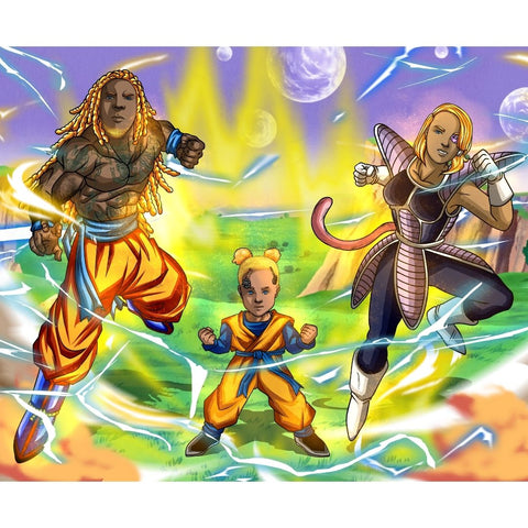 A SAIYAN FAMILY - DRAGON BALL CUSTOM ARTWORK , Dragon Ball, Dragon Ball Custom Drawing, Dragon Ball Family Portrait Illustration, Goku, Goku SS4, product:turn-me-saiyan, Saiyan Family